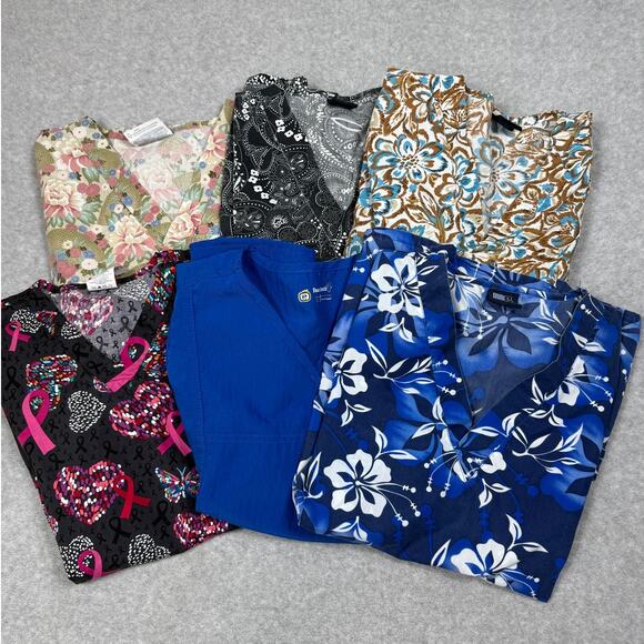Lot Of 6 Womens Size S Scrub Tops Printed - Picture 1 of 7